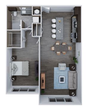 Chic floor plan for Unit B4 featuring 1 bedroom, 1 bath, a spacious open-concept living and dining area with modern kitchen, 985 sq ft.