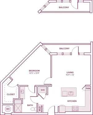 799 square foot one bedroom one bath apartment floor plan in Houston, TX