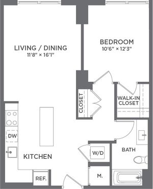 Modern 1-bedroom apartment floor plan with open living and dining area, well-equipped kitchen, and spacious walk-in closet.