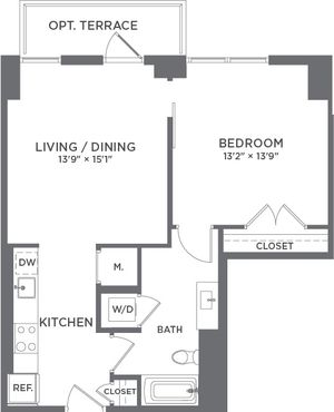 Modern 1-bedroom apartment floor plan featuring spacious living/dining area, sleek kitchen, and optional terrace.