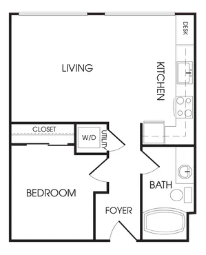 Modern 1-bedroom apartment floor plan featuring an open-concept living area, fully equipped kitchen with desk, and convenient bath and utility spaces.