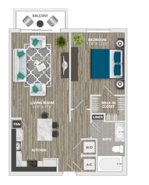 Modern 2D floor plan with one bedroom, spacious living room, stylish kitchen, bathroom, and walk-in closet, featuring a cozy balcony.