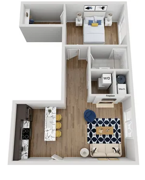 Chic 3D floor plan showcasing a one-bedroom apartment with elegant living space and modern kitchen.