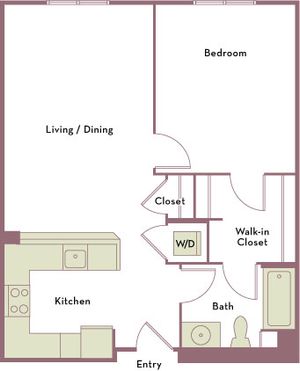 649 to 776 square foot one bedroom one bath apartment floorplan image