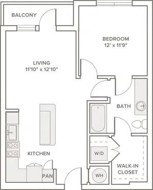 719 square foot one bedroom one bath apartment floorplan image