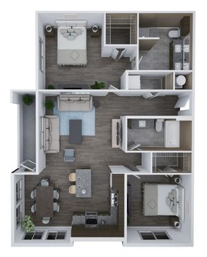 Contemporary 3D floor plan of Unit F1 featuring 2 bedrooms and 2 bathrooms spread across 1,263 sq. ft., with open-concept living and dining areas and a modern kitchen.