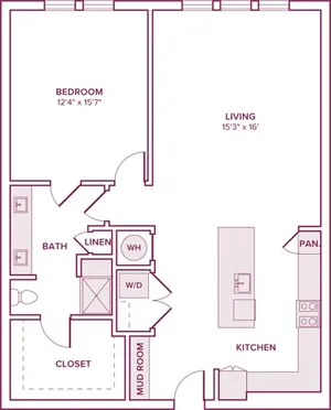 1027 square foot one bedroom one bath apartment floorplan in Houston, TX