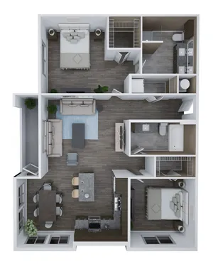 Chic floor plan for Unit F1 showcasing 2 spacious bedrooms, 2 modern bathrooms, an open-concept kitchen, and a cozy living area. Total area 1,263 sq. ft.