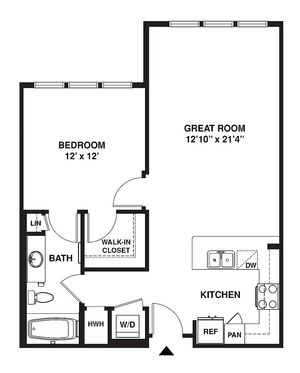 Chic floor plan showcasing a spacious great room, modern kitchen, cozy bedroom, and convenient walk-in closet.