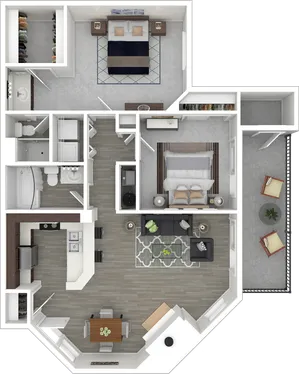 Modern 2D floor plan showcasing two cozy bedrooms, a spacious open-concept living room, stylish kitchen, and charming balcony.