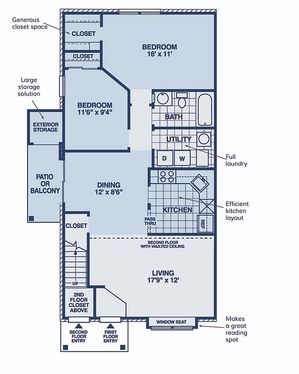 Inviting floor plan featuring two bedrooms, a spacious living area with vaulted ceiling and window seat, functional kitchen, and private balcony.