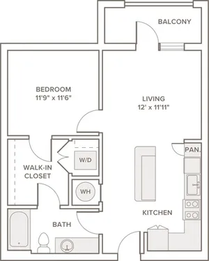 670 to 775 square foot one bedroom one bath apartment floorplan image