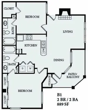2 Bedroom 2 Bath  / 889 SF