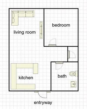 Charming floor plan showcasing a cozy one-bedroom apartment with an inviting living room, functional kitchen, and modern bath accessible from the entryway.