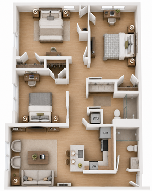 Elegant 3-bedroom apartment floor plan featuring a spacious open living area, modern kitchen with island, and two luxurious bathrooms.