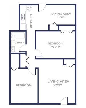 Two bedroom one bathroom apartment floor plan with a 16 by 12 living area, separate dining area measuring 10 by 7, galley style kitchen, two bedrooms including one at 15 by 10, closet storage, and a full bath layout.