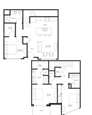 Modern two-story floor plan featuring 3 spacious bedrooms, an open kitchen with island seating, and a cozy living area. Includes bathrooms on each floor, a master bedroom balcony, and ample closet space.