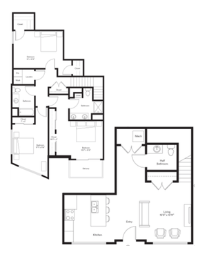 Elegant 2-level floor plan showcasing 3 bedrooms, a spacious living area, modern kitchen, and multiple bathrooms including a half bath. Includes a balcony, perfect for urban living.