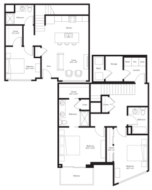 Modern two-story floor plan featuring three spacious bedrooms, open-concept kitchen, and living area with a balcony, perfect for comfortable living.