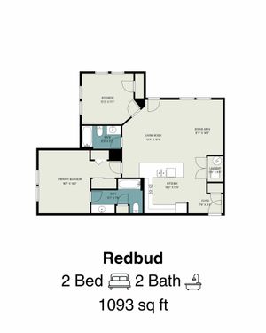 Redbud floor plan showcasing 2 bedrooms, 2 bathrooms, spacious living room, and modern kitchen in a 1093 sq ft layout.
