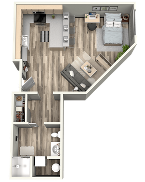 Chase Courtyard S3 studio apartment 3D floor plan layout for LEED Platinum certified apartments in Eugene OR