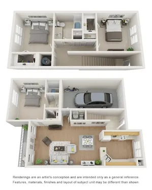 Chic two-story apartment floor plan featuring three bedrooms, cozy living area, modern kitchen, and an attached garage.
