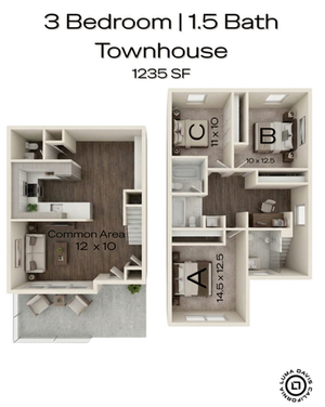 Elegant 3-bedroom, 1.5-bath townhouse floor plan, featuring a spacious common area and modern kitchen, totaling 1235 sq ft.