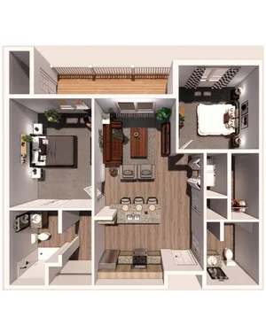 Luxury apartment floor plan showcasing two bedrooms, spacious living room, and modern kitchen with island bar seating.