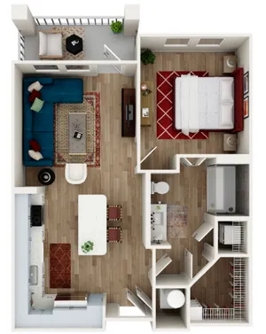Charming 2D floor plan featuring a cozy bedroom, modern living area, elegant kitchen, and private balcony.