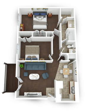 Elegant 3D floor plan showcasing 2 bedrooms, cozy living area, modern kitchen, and dual bathrooms, complete with a charming balcony.
