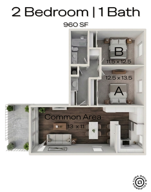 Modern 960 SF floor plan showcasing 2 bedrooms, 1 elegant bathroom, and a bright common area with balcony access.