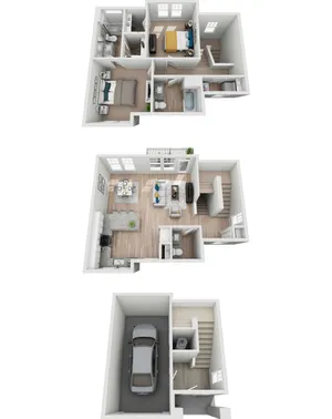 Modern 3D floor plan showcasing a stylish multi-level layout with two cozy bedrooms, an open-concept living and dining area, a sleek kitchen, and an attached garage, perfect for family living.