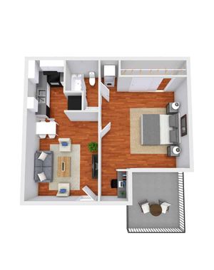 Chic 3D floor plan featuring a cozy one-bedroom apartment with an open-concept living and dining area, a modern kitchen, and a private balcony.