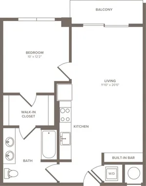 687 to 704 square foot one bedroom one bath apartment floorplan image