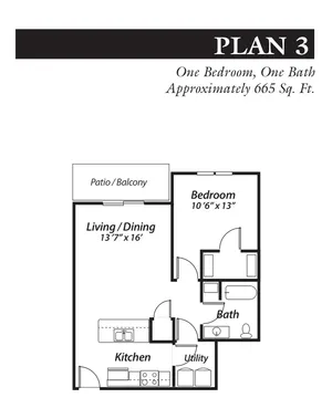 Plan 3, 1-bedroom, 1-bathroom