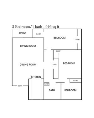 Charming 3-bedroom floor plan featuring a spacious living room, dining area, and cozy patio, totaling 946 sq ft.
