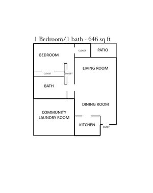Modern 1-bedroom apartment floor plan featuring a spacious living room, dining area, and a cozy patio, totaling 646 sq ft.