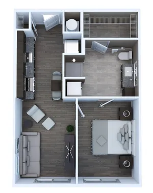 Chic 3D floor plan of Unit AE2 featuring a cozy studio layout with a bedroom, modern kitchen, inviting living area, and 1 bathroom, covering 580 sq. ft.