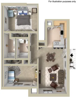 3D floor plan showcasing 2 spacious bedrooms, modern kitchen, and inviting living area.