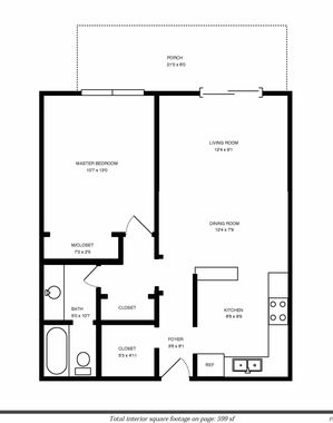 Charming 2D floor plan with a spacious master bedroom, cozy living and dining room, efficient kitchen, and inviting porch, totaling 599 sq ft.