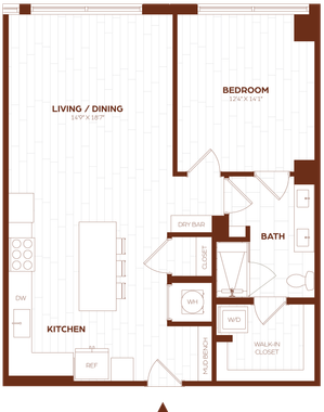 Modern floor plan showcasing a spacious 1-bedroom layout with an open-concept living and dining area, well-equipped kitchen, and stylish bathroom with a walk-in closet.