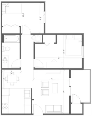Modern 2D floor plan showcasing 2 bedrooms, a bathroom, cozy living area, and a well-equipped kitchen. Efficient layout for optimal living space.