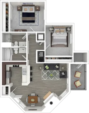Modern 2D floor plan showcasing 2 spacious bedrooms, cozy living area, sleek kitchen with breakfast bar, and stylish balcony seating.