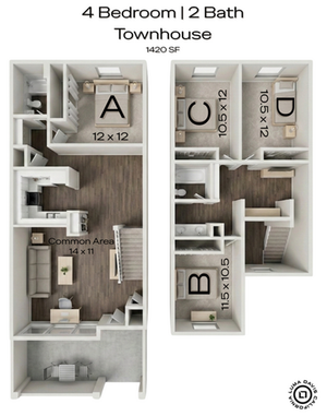 Modern 3D floor plan of a 4 bedroom, 2 bath townhouse, featuring a spacious common area and well-appointed kitchen, totaling 1420 sq ft.