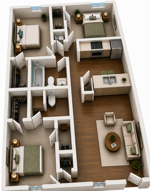 Modern 3-bedroom apartment floor plan showcasing a sleek kitchen, cozy living area, and welcoming bedrooms with ample storage.