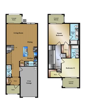 Modern two-level floor plan showcasing a spacious living room, dining area, and kitchen with pantry, alongside two bedrooms with en-suite bathrooms, a covered porch, and garage.