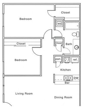 F Floor Plan | 2 Bedroom with 1 Bath | 919 Square Feet | The Regatta | Apartment Homes