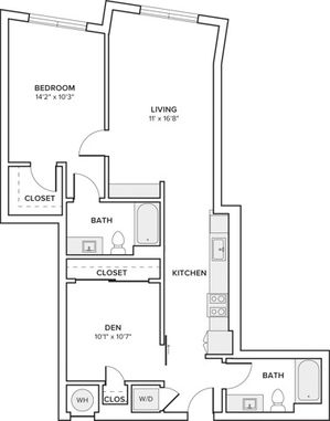 885 square foot one bedroom two bath apartment with den floorplan image