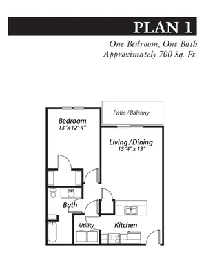 Plan 1, 1-bedroom, 1-bathroom