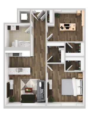 Modern 2D floor plan showcasing a chic bedroom, stylish office space, luxurious bathroom, and an open-plan living area with a sleek kitchen island.
